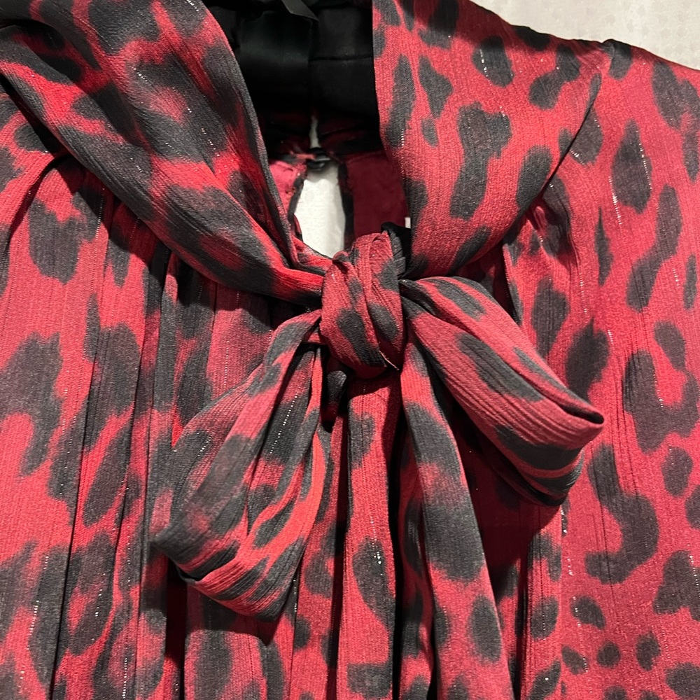 London Times Women's Leopard Print Sleeveless Blouson Tie Neck Dress